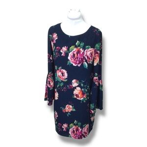 Everly Women’s Long Bell Sleeve A-Line Above Knee Dress Romantic Navy Floral L
